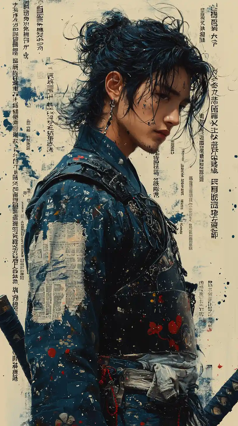 Anime soldier in blue uniform with katana and bold text
