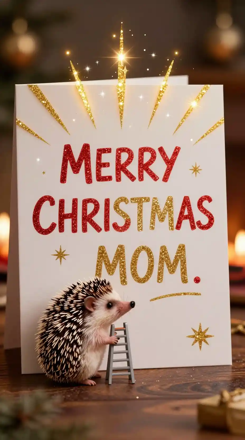 Tiny hedgehog writing on a glowing christmas card