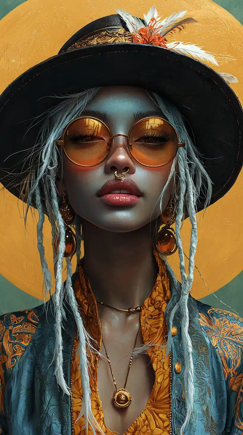 Mystical woman in steampunk hat with bold yellow circle