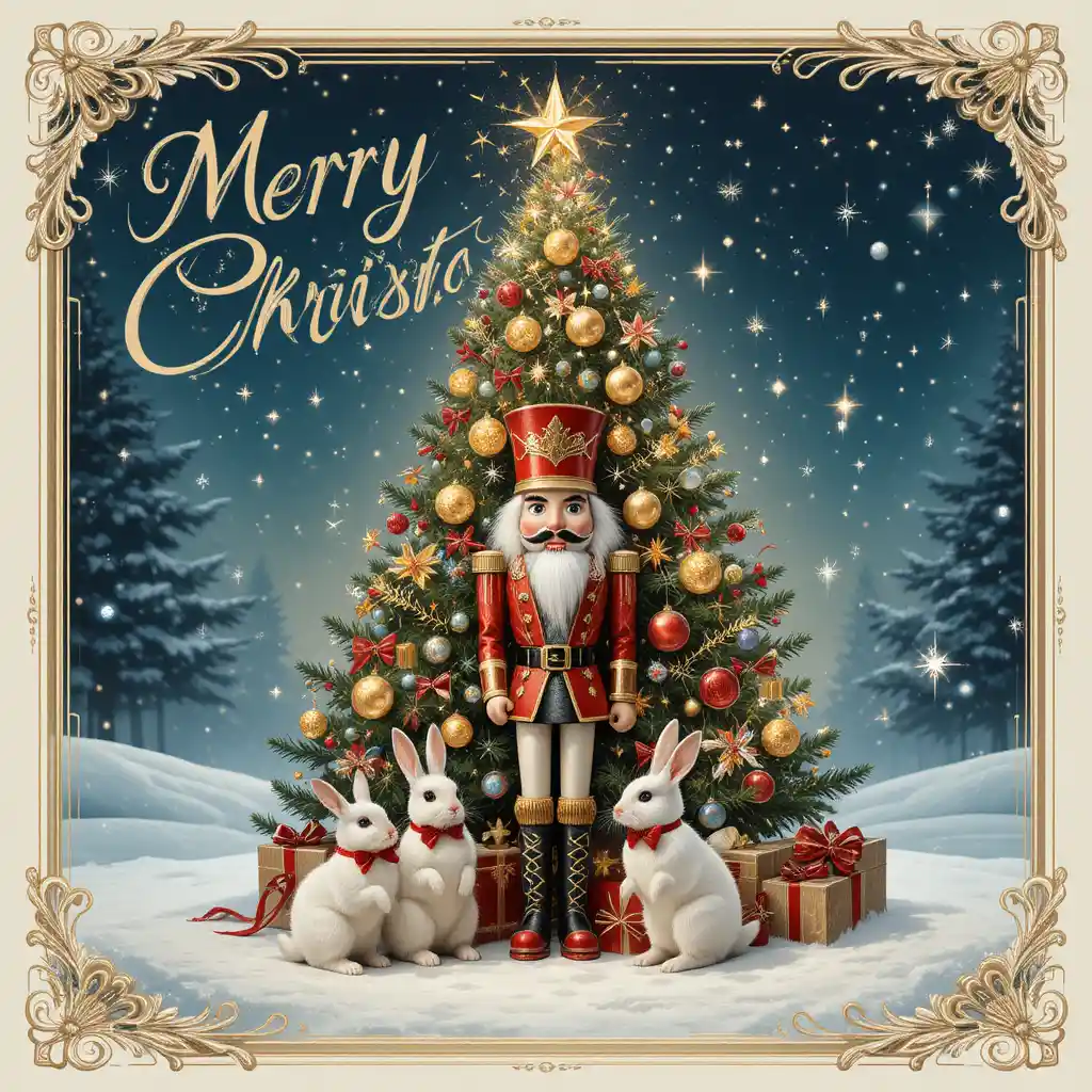 Festive Christmas tree card with nutcracker and rabbits