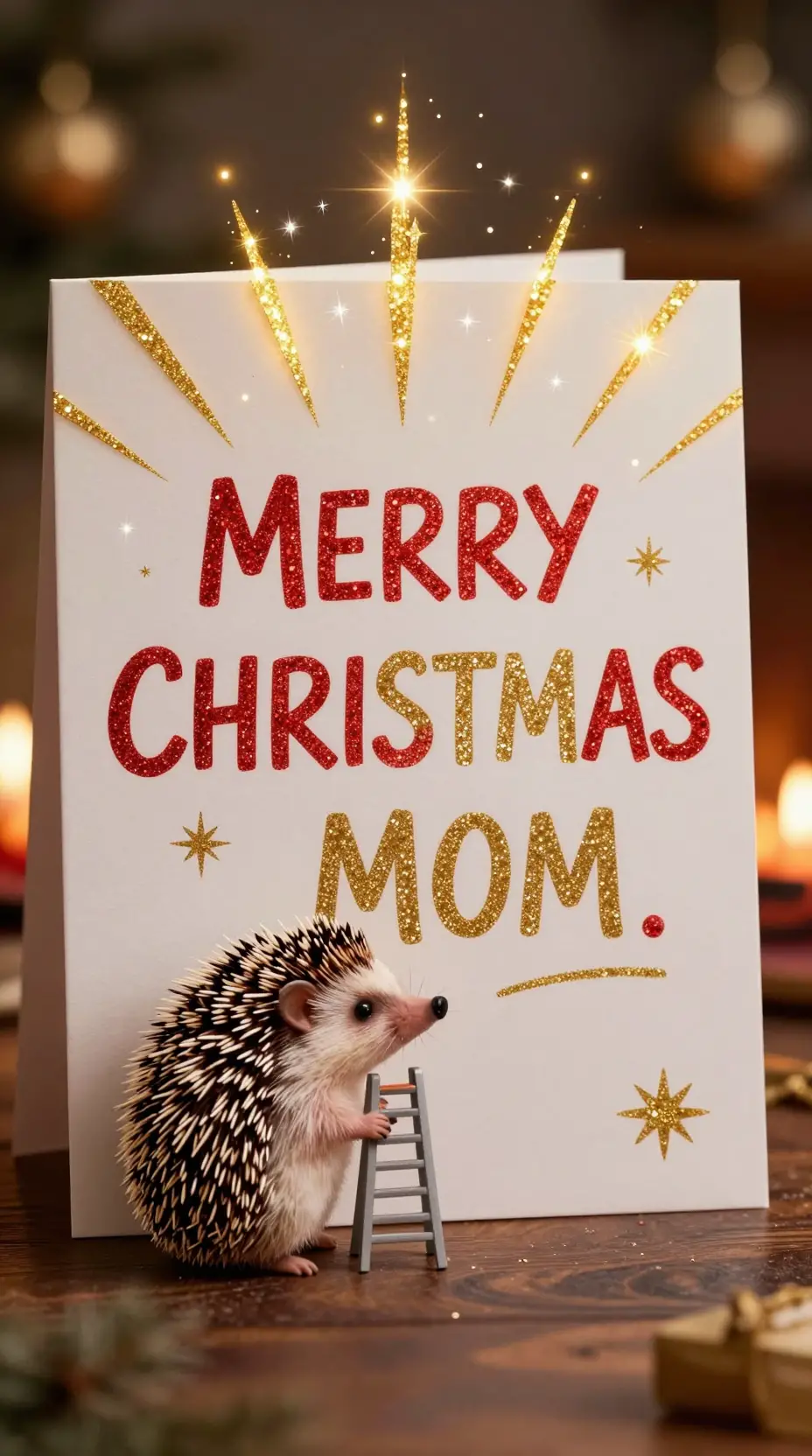 Tiny hedgehog writing on a glowing christmas card