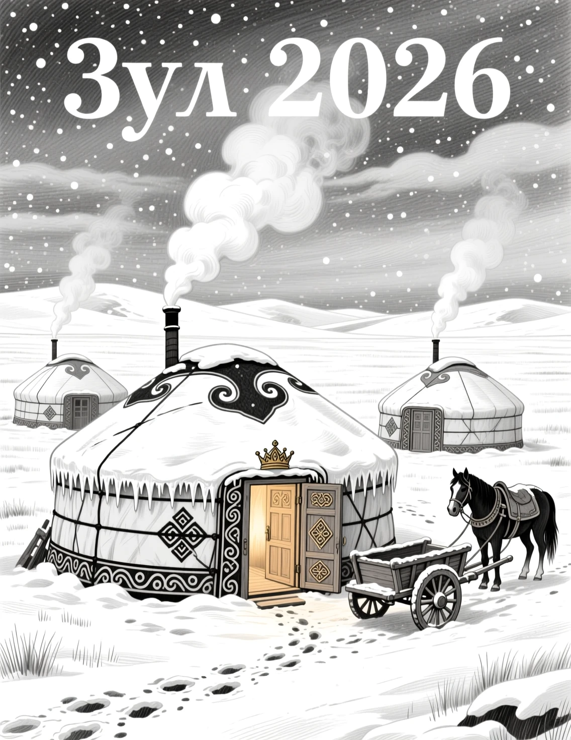 Yourtes d’hiver dans la steppe mongole en dessin au crayon