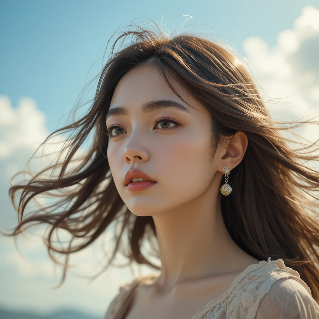Cinematic woman portrait with flowing hair against sky