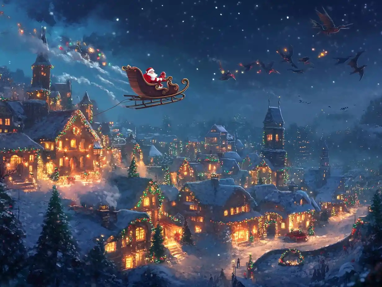 Santa flies with dragons above a glowing christmas city