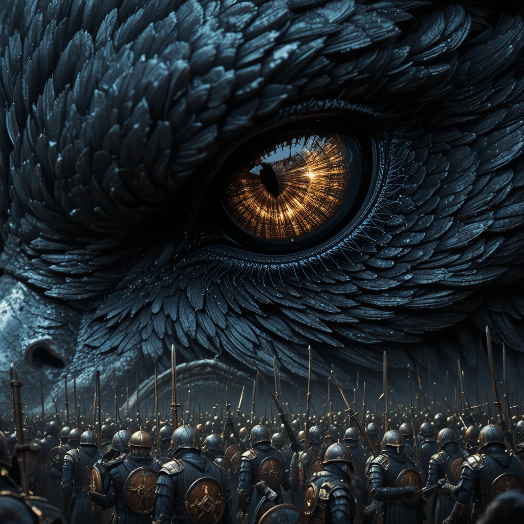 Ojo de cuervo que refleja un épico choque de campo de batalla acorazado