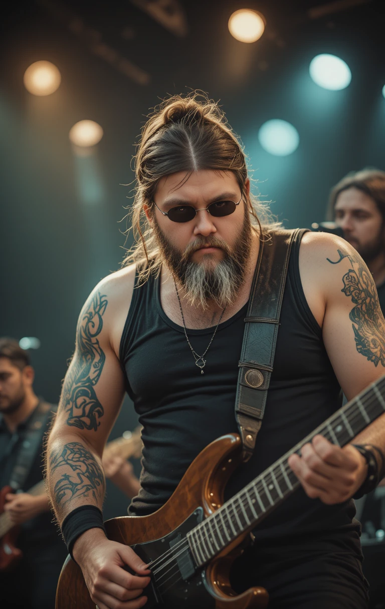 Bearded guitarist in sunglasses shredding on stage at night