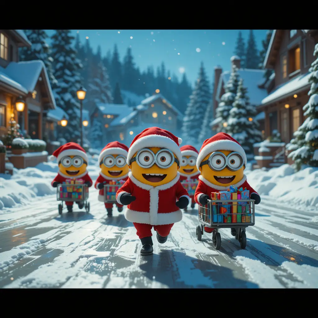Birichine creature cartoon corrono sulla neve con i regali di Natale
