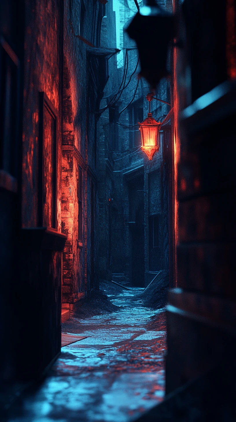Dark abandoned alleyway at night with flickering streetlights