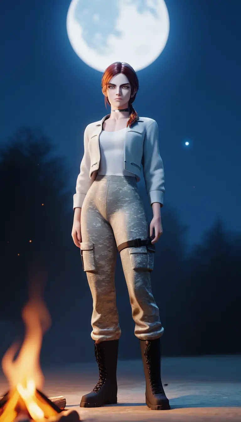 Athletic huntress standing by a campfire under the full moon