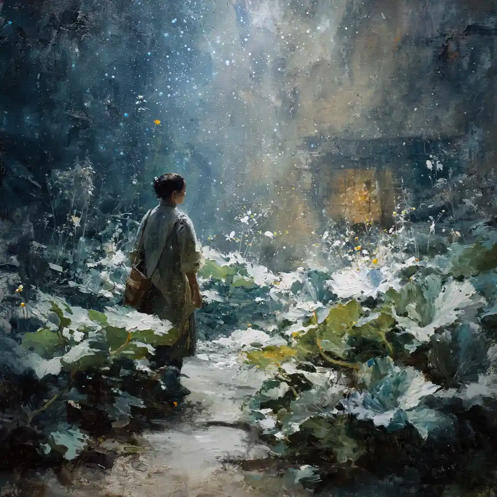 Traveler in a glowing alien garden of crystalline stars