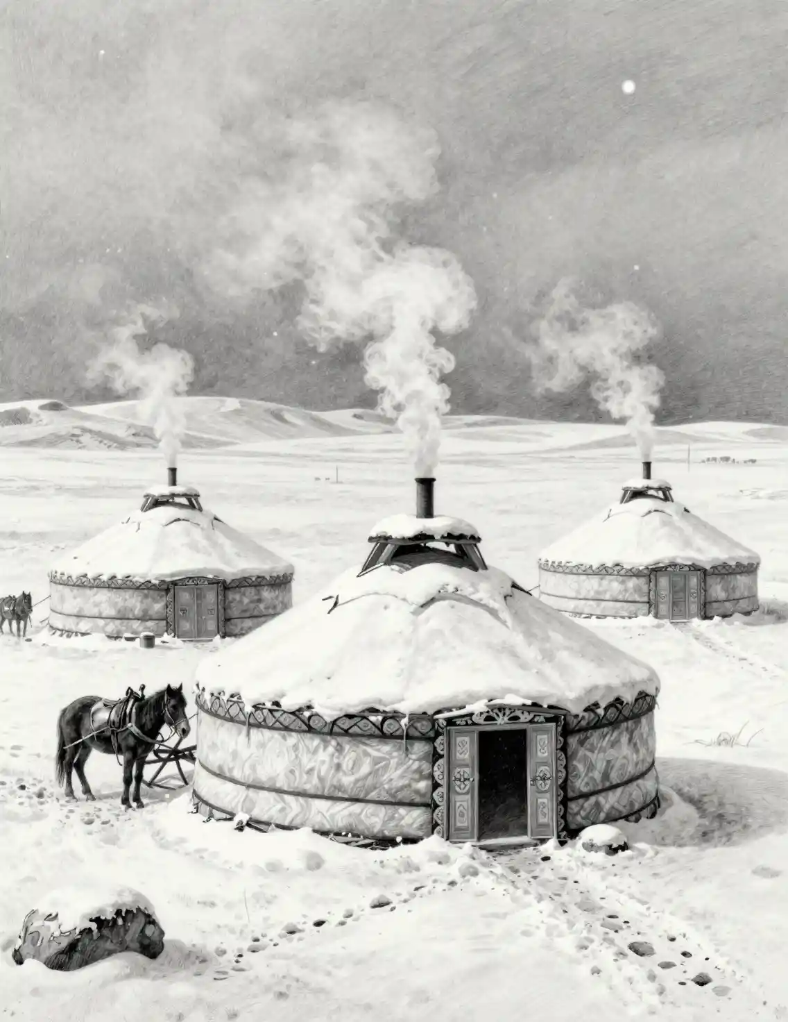 Gher mongole in una tranquilla steppa invernale innevata