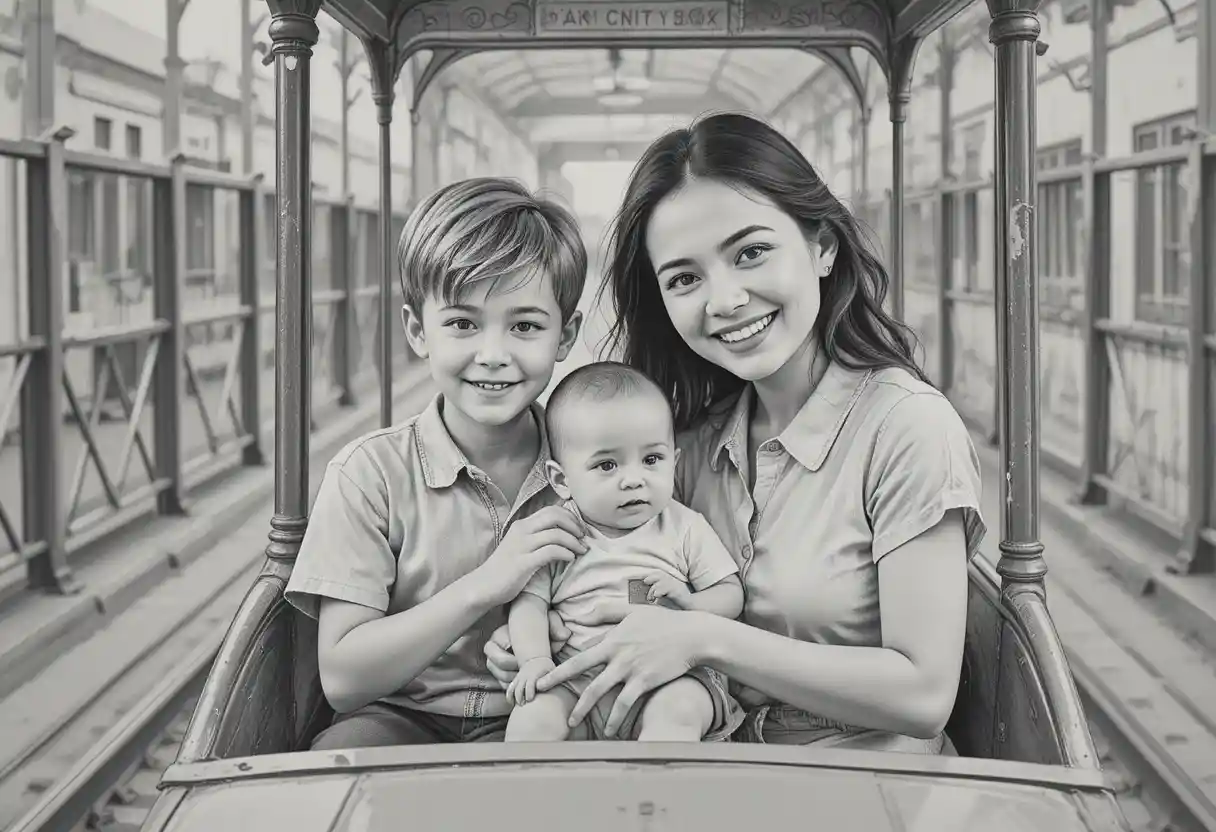 Famille joyeuse dans une petite voiture de manège