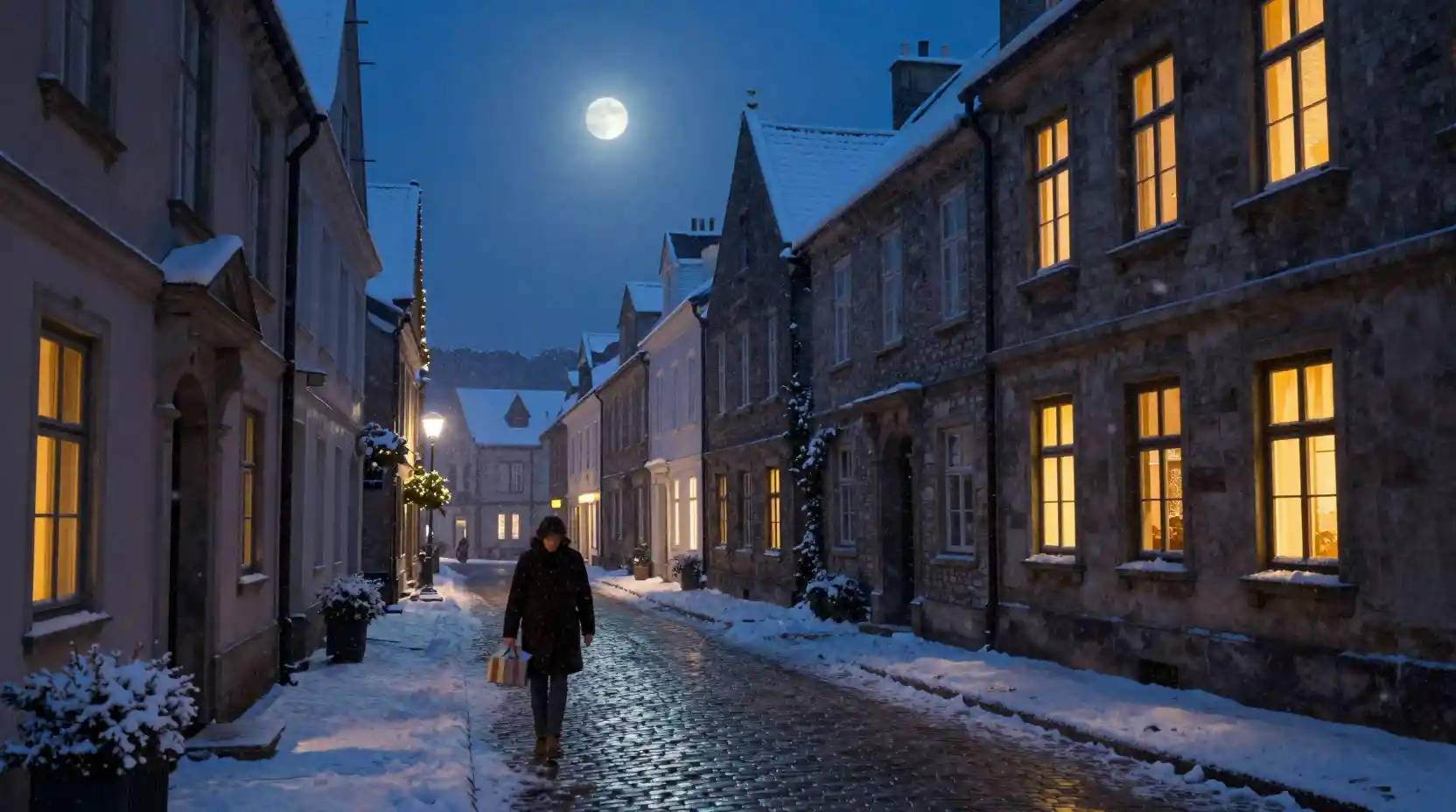 Moonlit european street with falling christmas snow