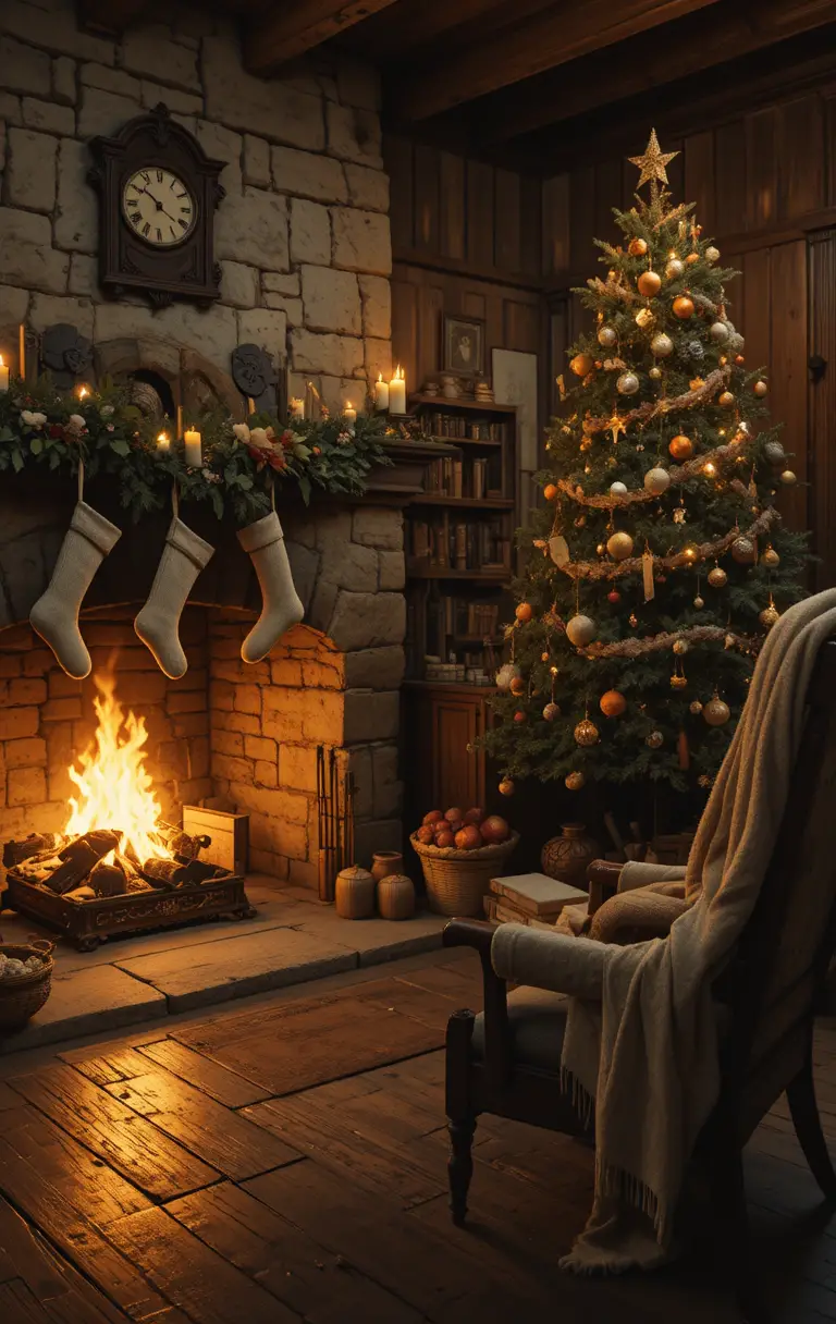 Cozy Christmas hearth lit by candle and firelight