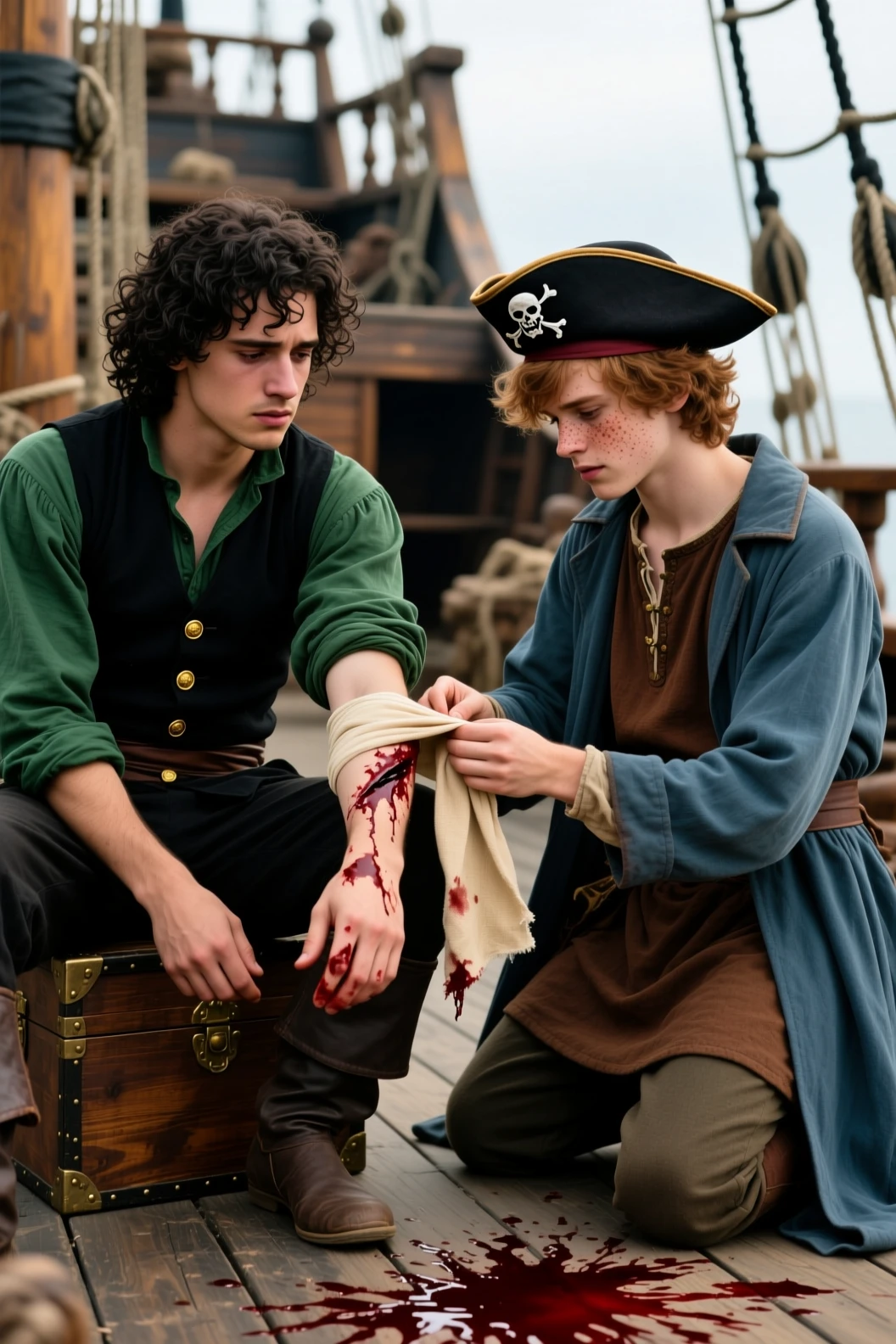 Two young men on a pirate ship deck tending an arm wound