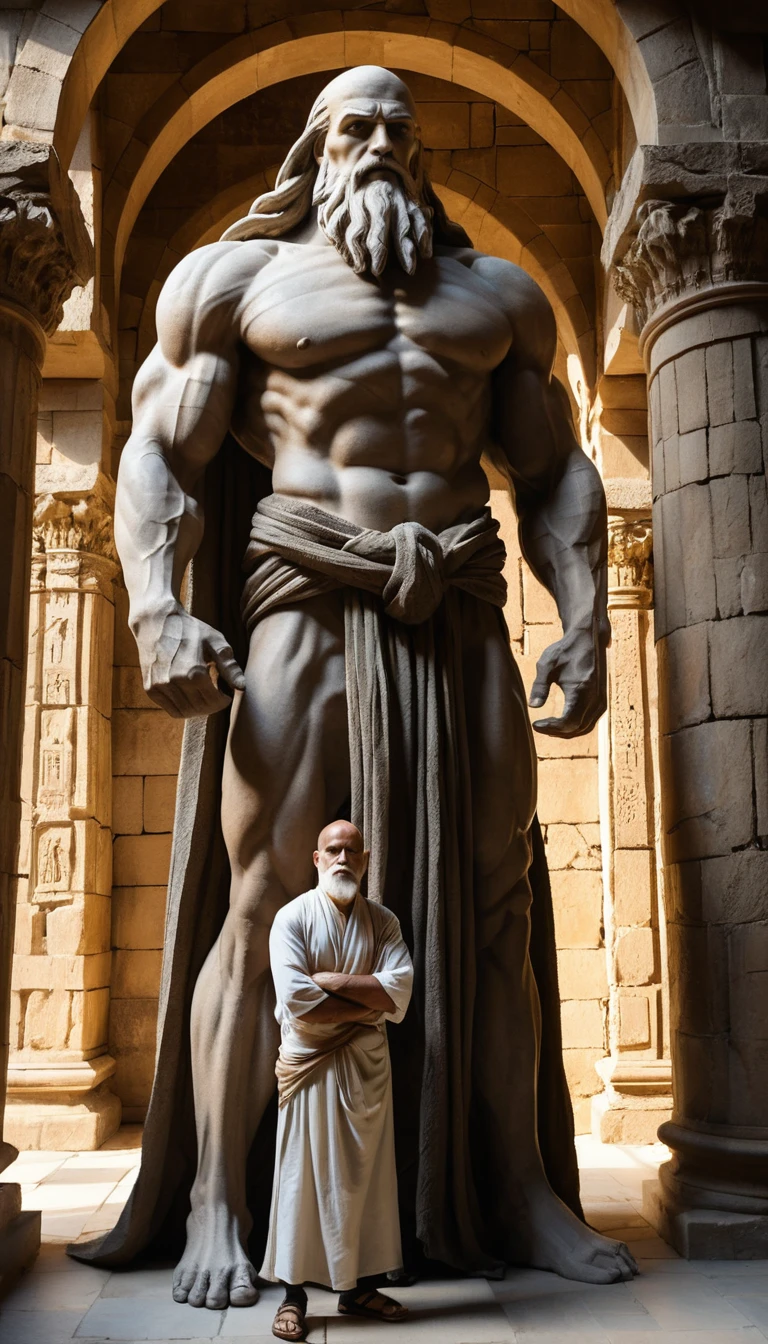 Figura gigante que se alza sobre un anciano en un salón antiguo