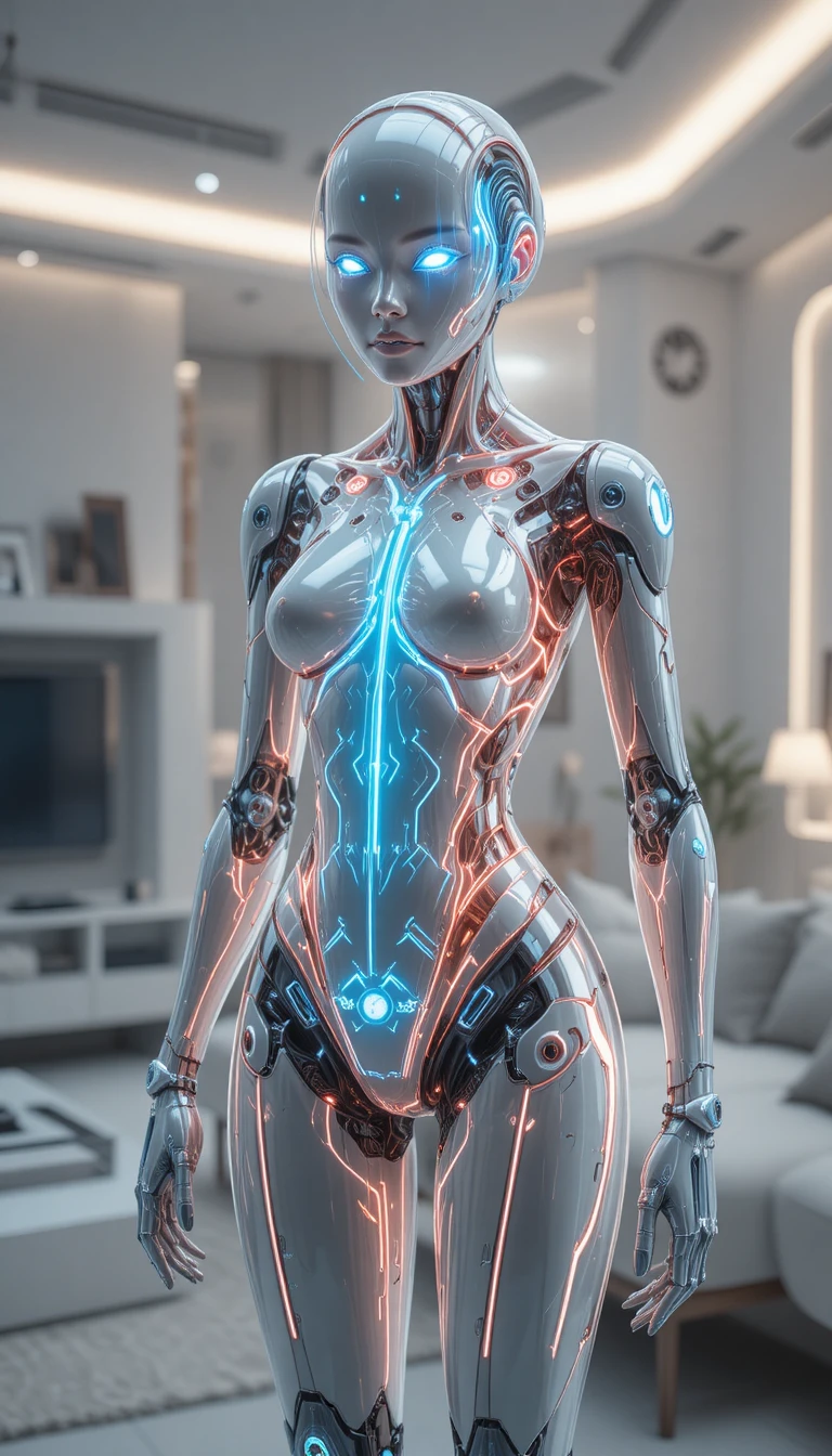 Robot umanoide femminile in soggiorno bianco futuristico