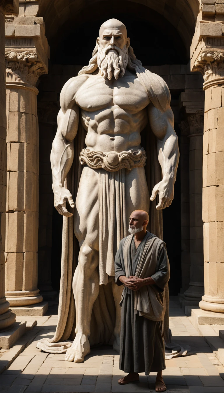 Figura humanoide gigante que se alza sobre un anciano en un templo