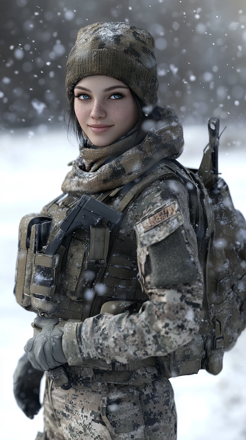 Mujer soldado musculosa con camuflaje de invierno en medio de una tormenta de nieve