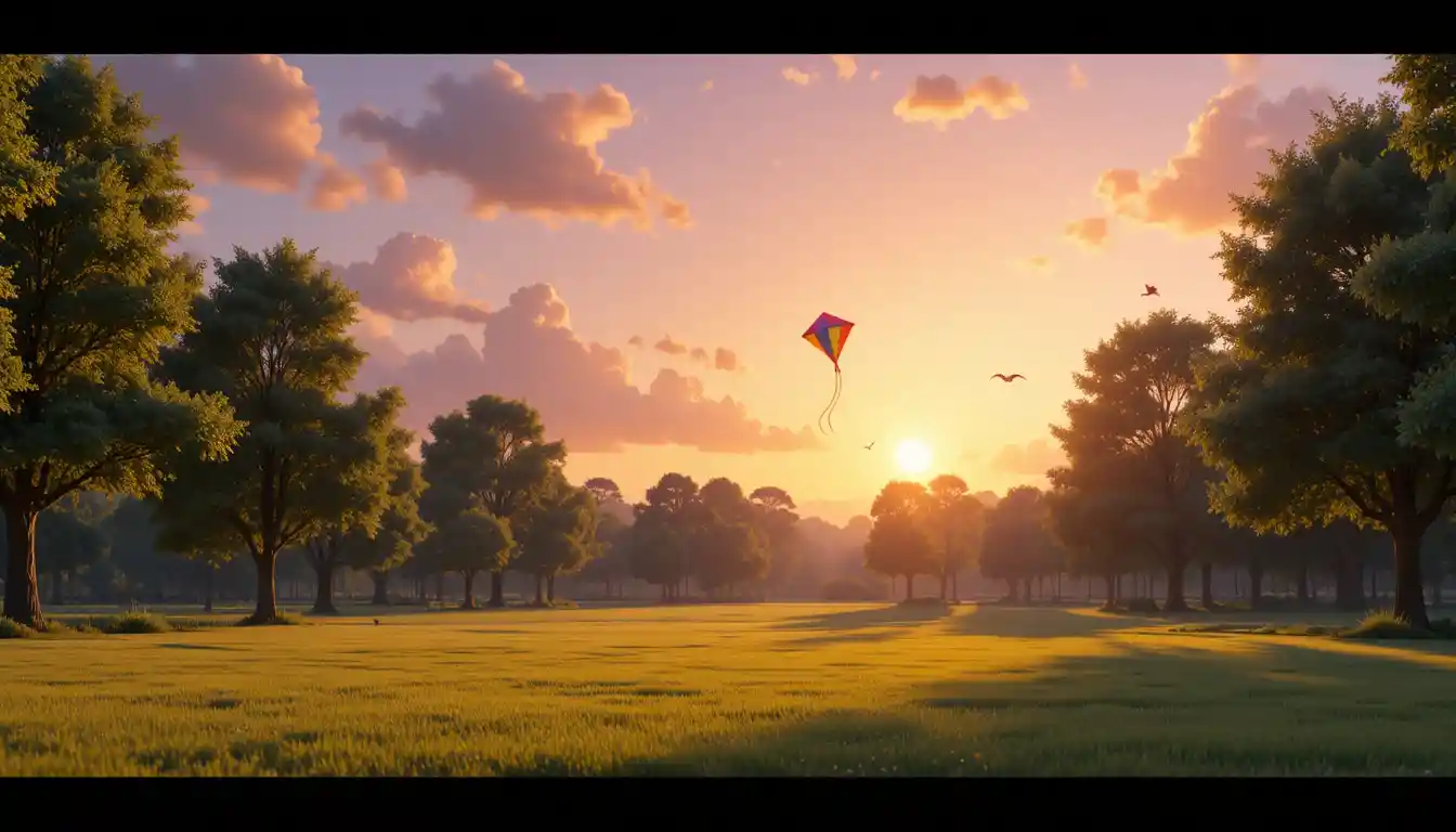 Peaceful 3D park with kite at golden hour sunset