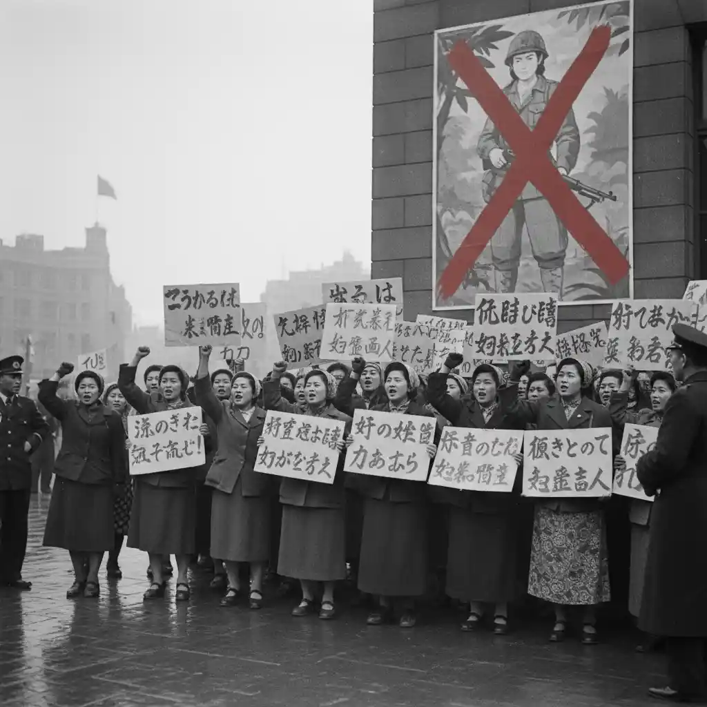Femmes japonaises manifestant sur une place de Tokyo avec des pancartes