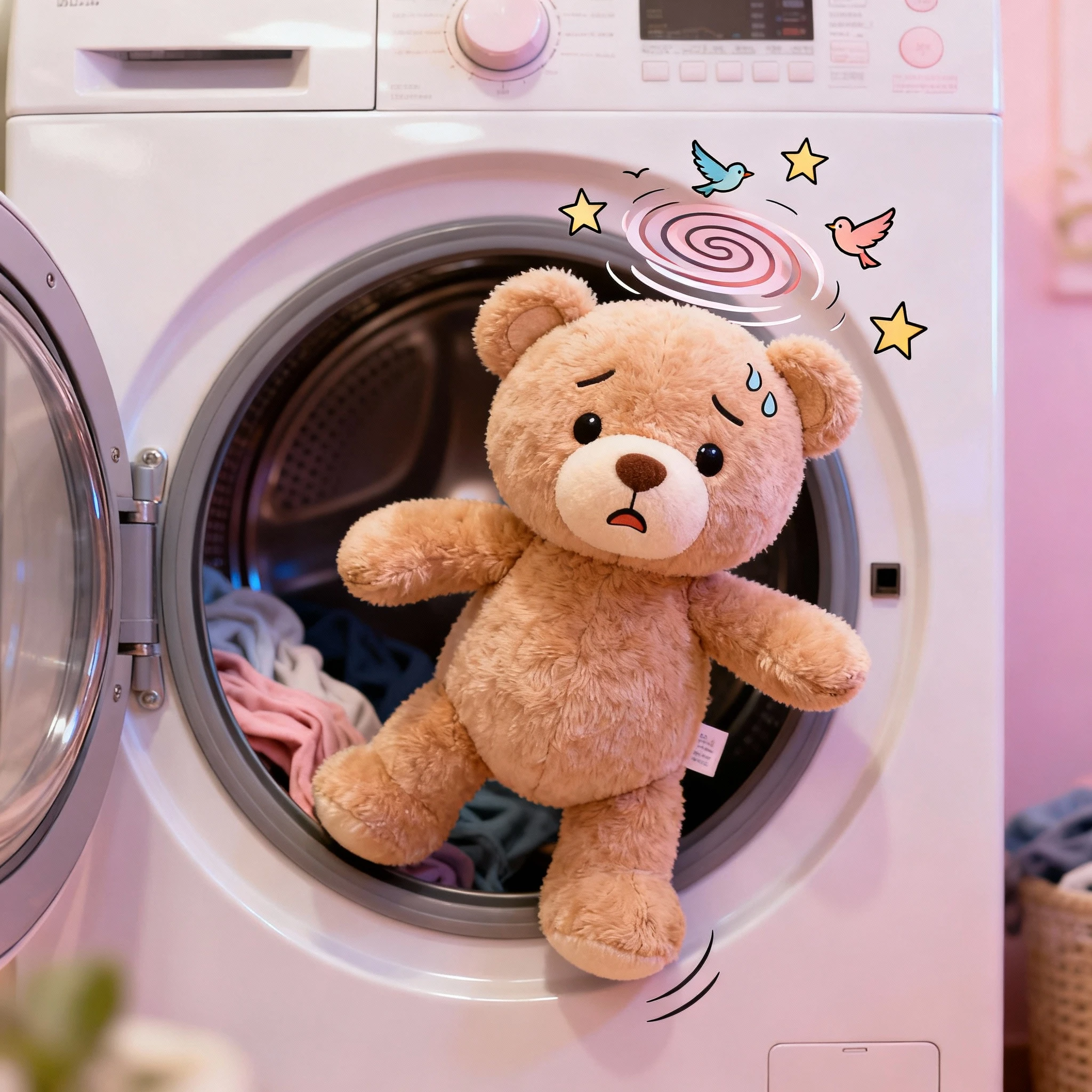 Urso de pelúcia tonto saindo de uma secadora de roupas