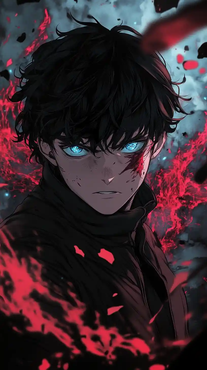 Héroe de anime con energía carmesí y intensa mirada azul