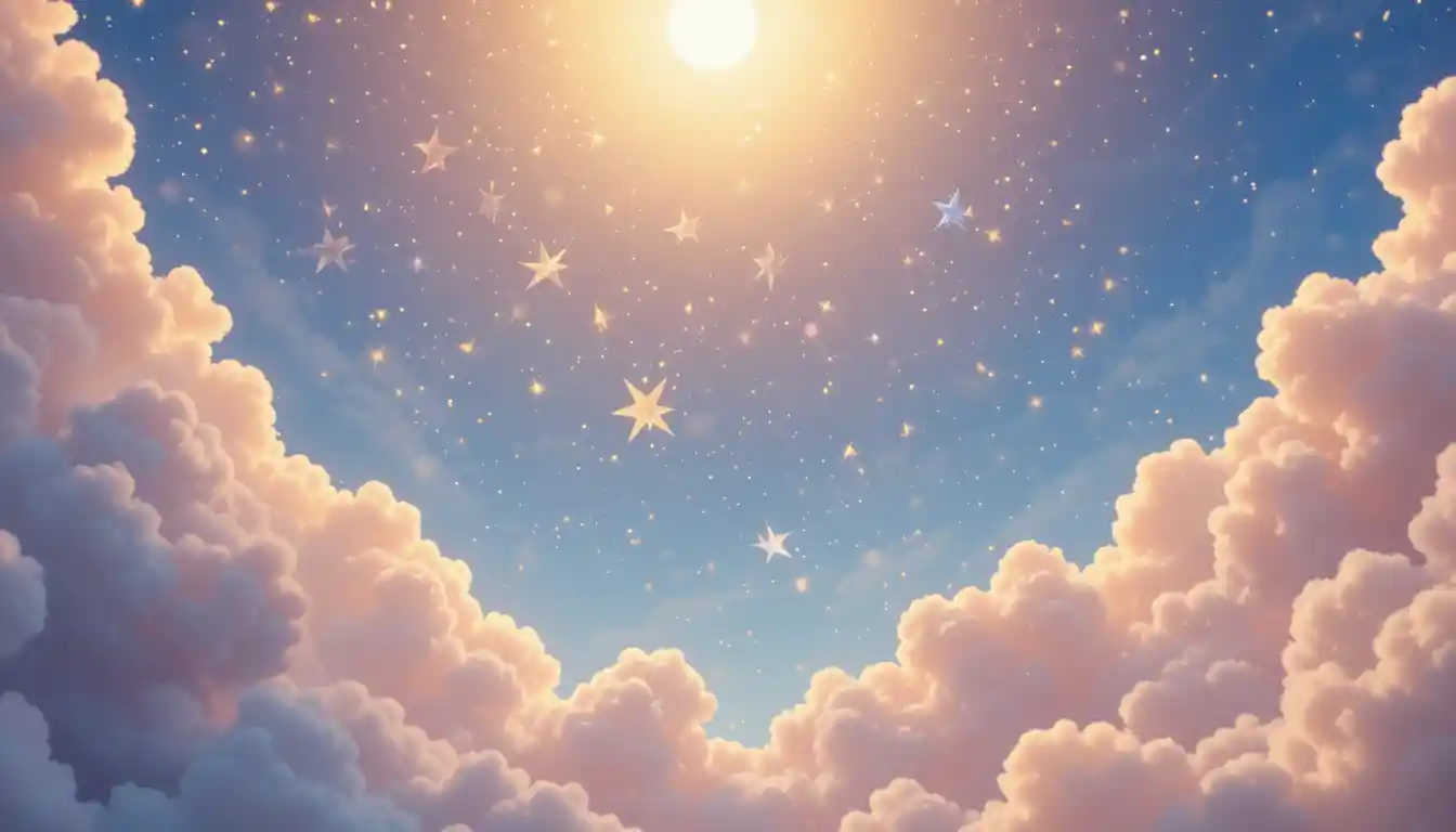 Dreamy pastel sky with glowing clouds and sunlight