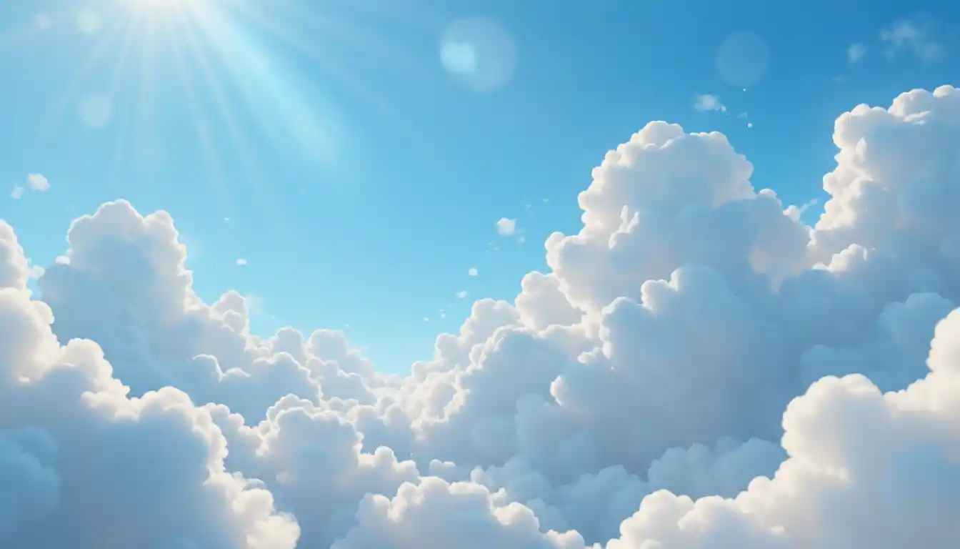 Sanfter blauer Himmel mit langsam treibenden, flauschigen Wolken