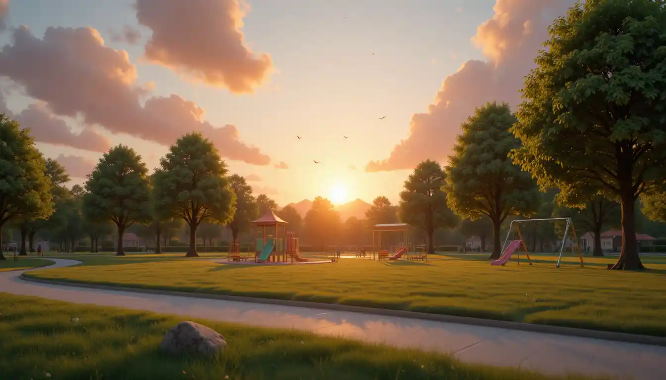 Spielplatz in 3D bei Sonnenuntergang in einem ruhigen grünen Stadtpark
