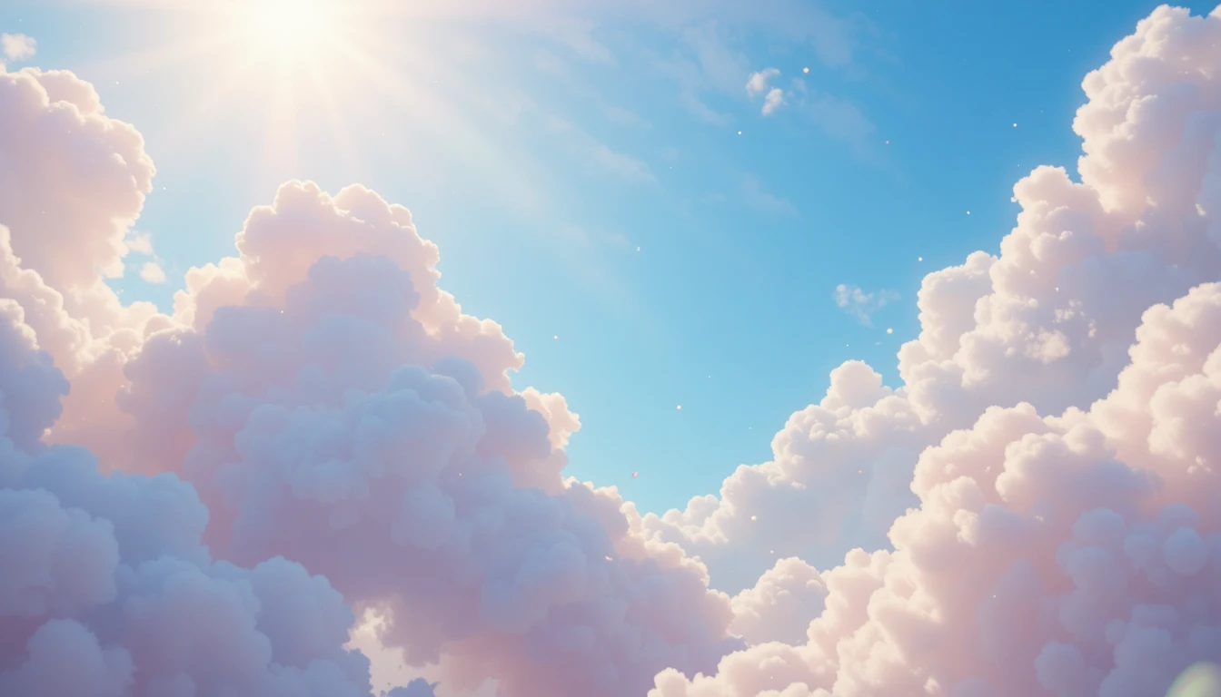 Sanfter blauer Himmel mit flauschigen weißen Wolken und warmem Sonnenlicht
