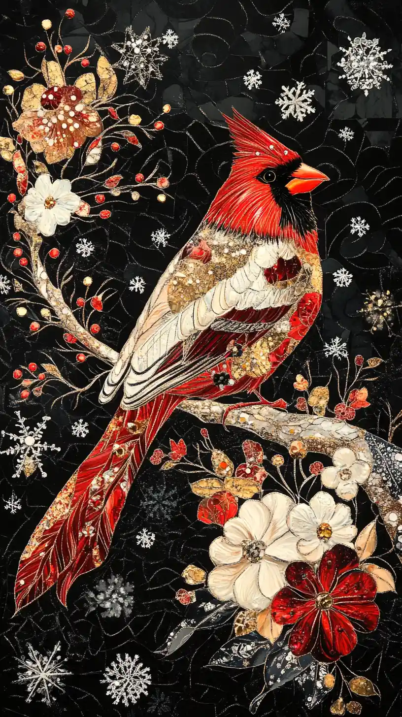 Majestic cardinal portrait on abstract floral holy branch