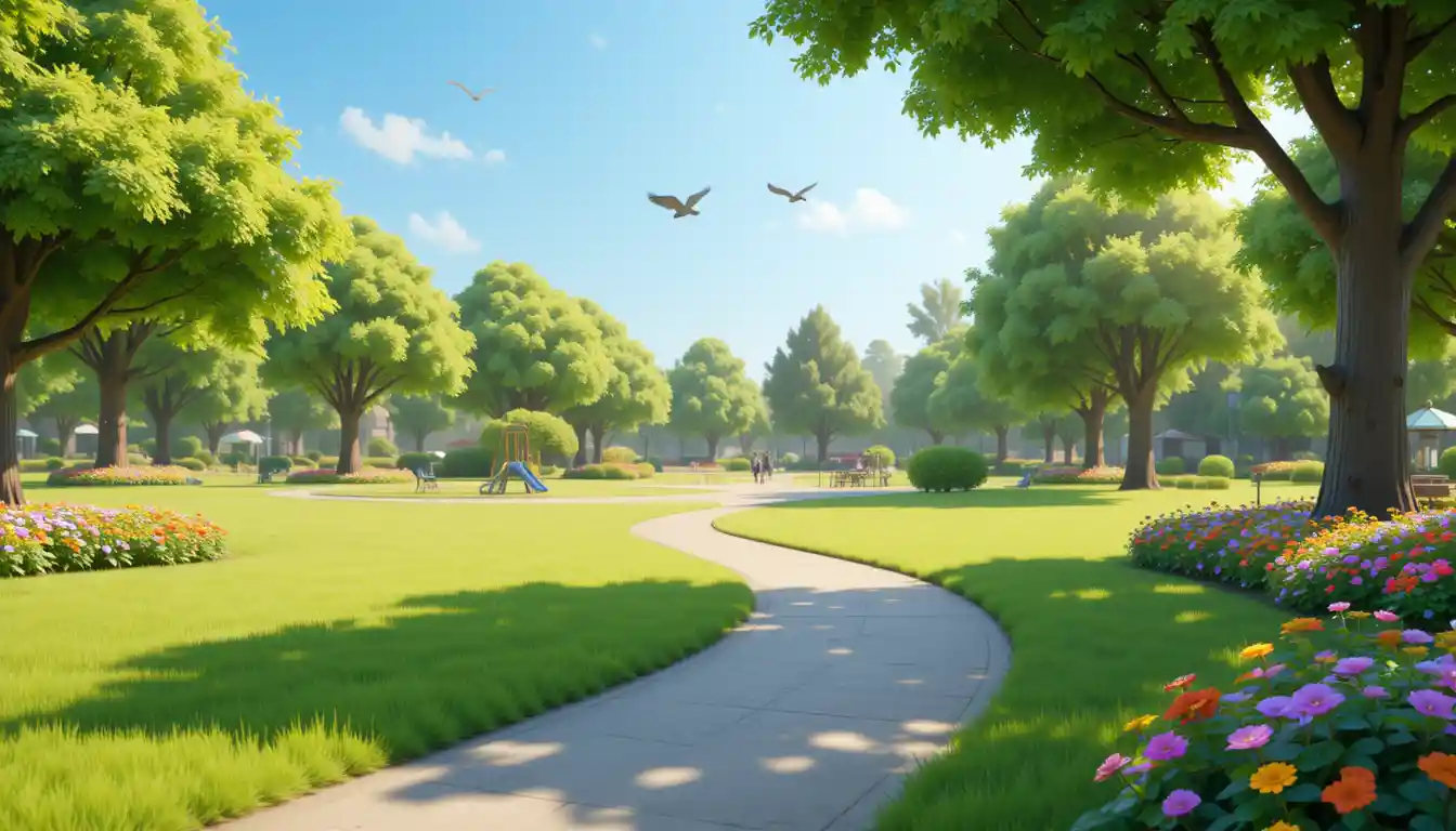 Farbenfroher öffentlicher Park mit Spielplatz im weichen Tageslicht