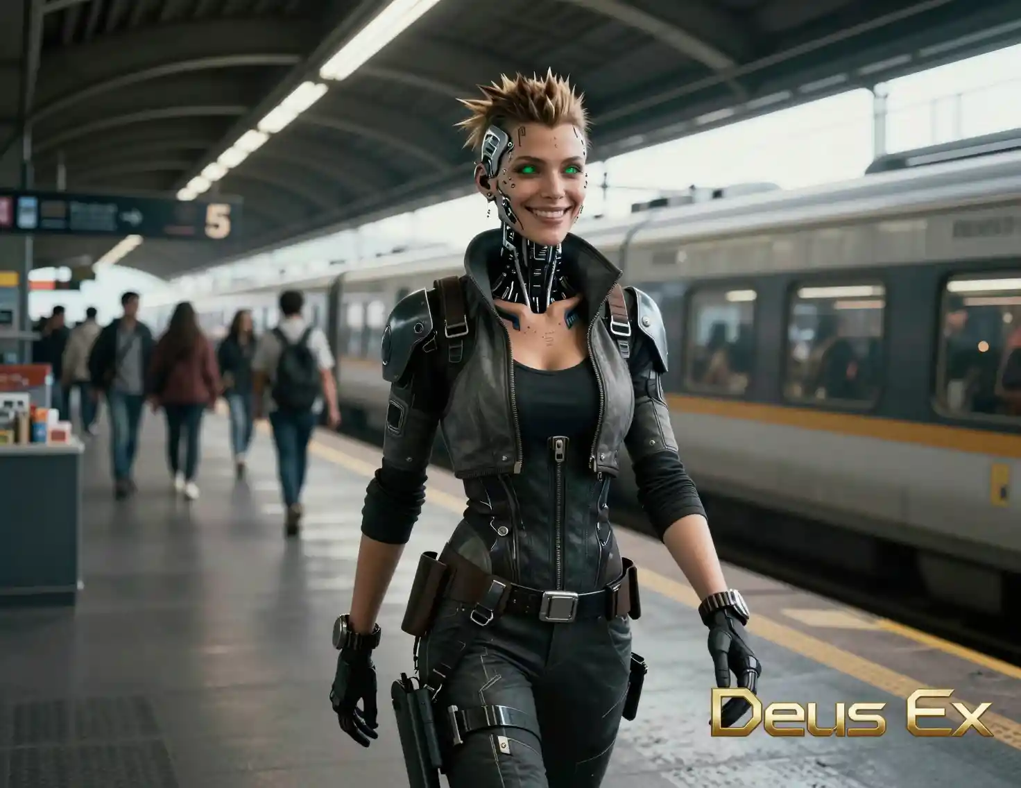 Cyborg femminile sorridente che cammina in una stazione ferroviaria futuristica