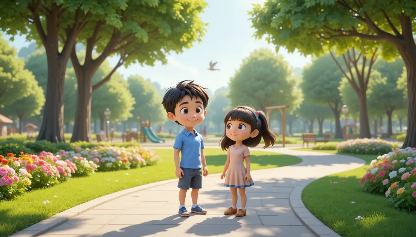 Two children standing in a sunny park with playground