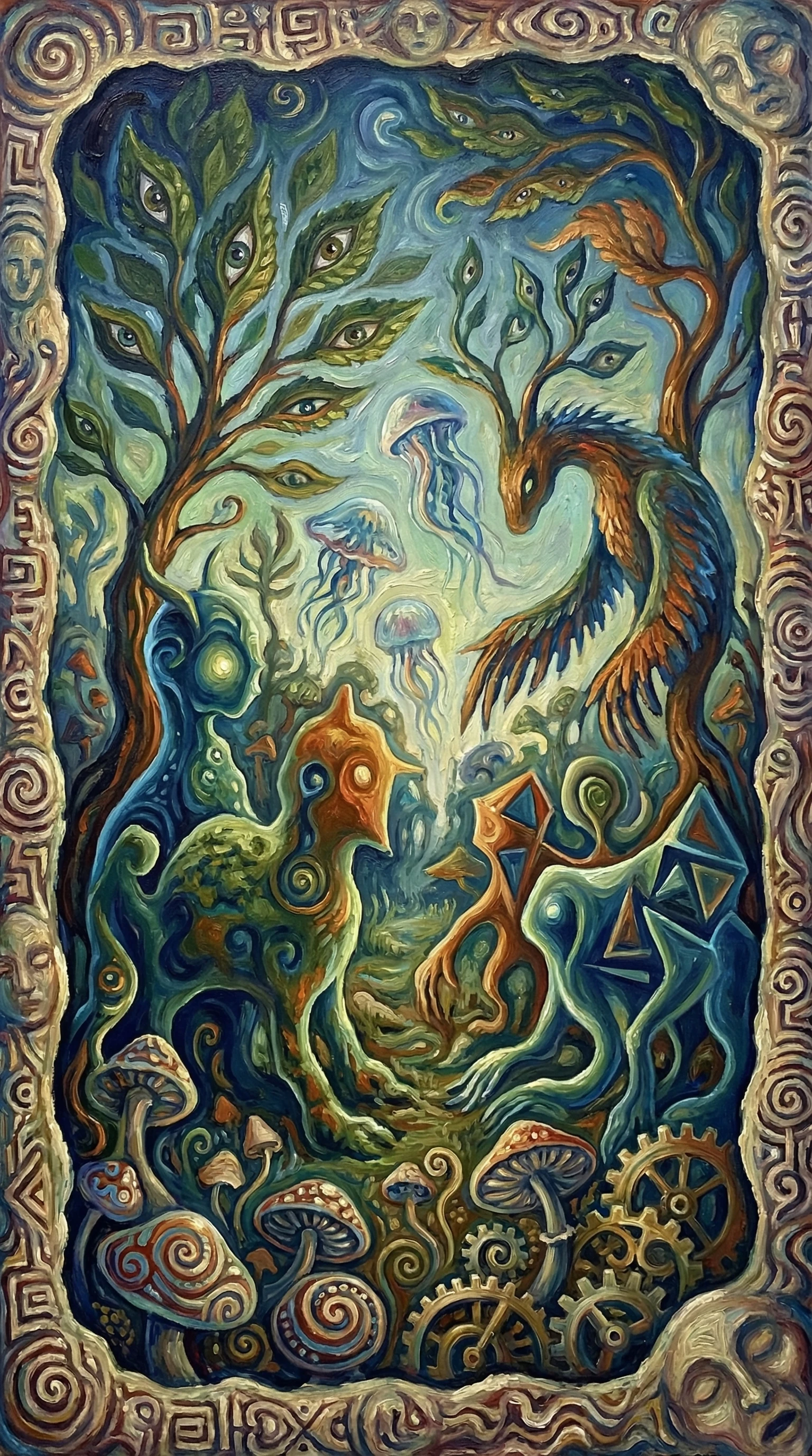 Dreamlike fantasy realm of tangled flora and fauna forms