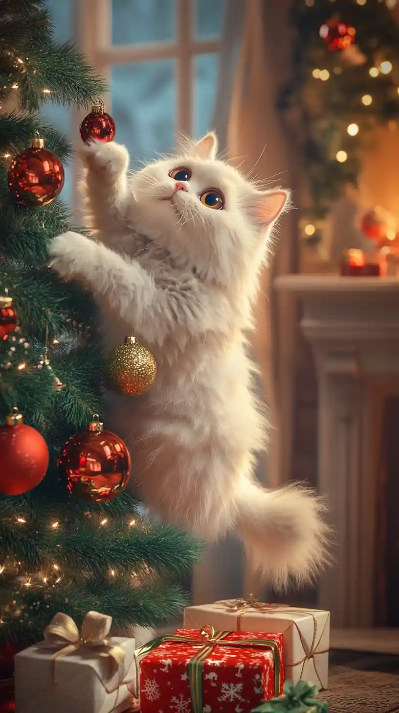 Playful White Cat Climbing A Tipping Christmas Tree