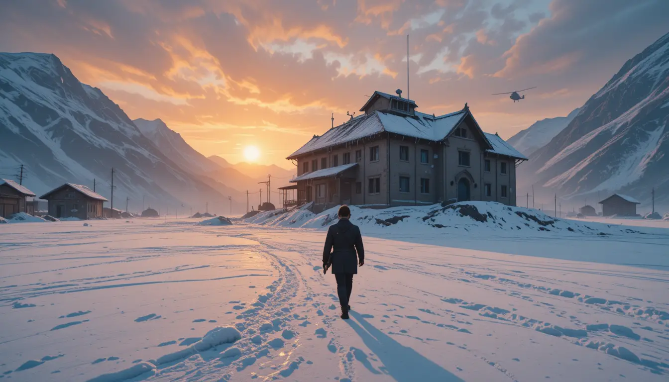 Lone man leaving ruined rural police station at dawn