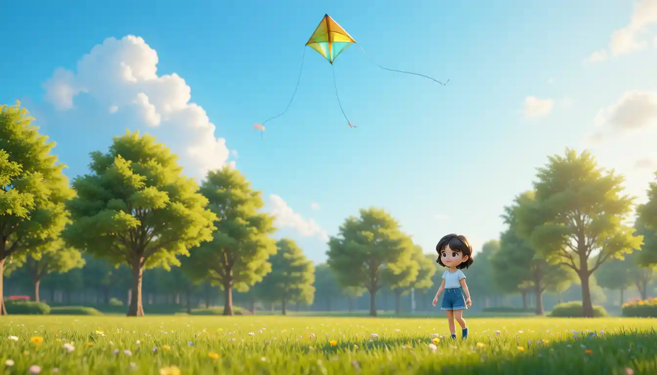 晴朗公園裡放著彩色風箏的微笑孩子