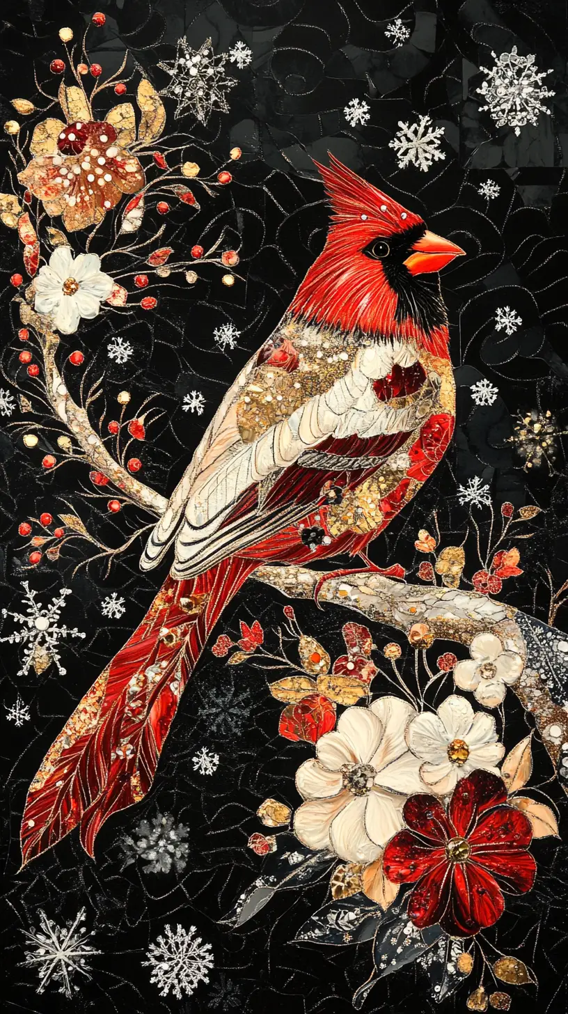 Majestic cardinal portrait on abstract floral holy branch