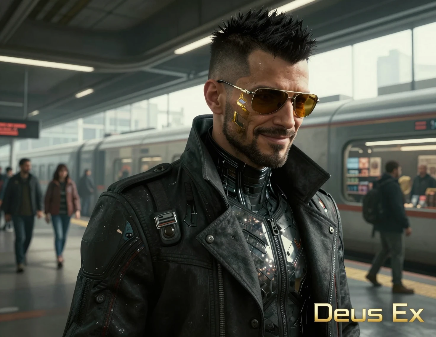 Detective aumentato in una stazione ferroviaria futuristica