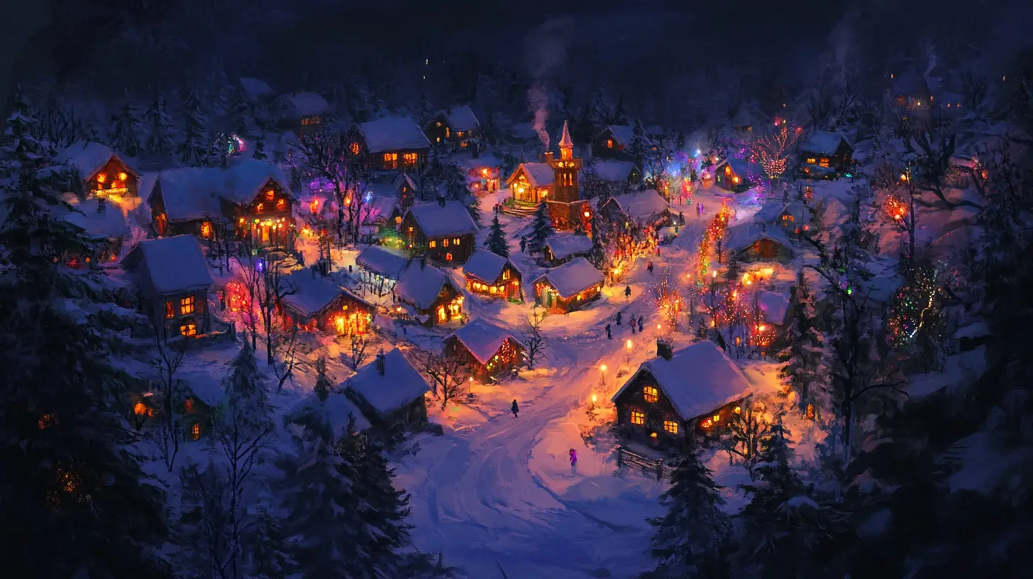 Aerial view of snowy village with colorful christmas lights