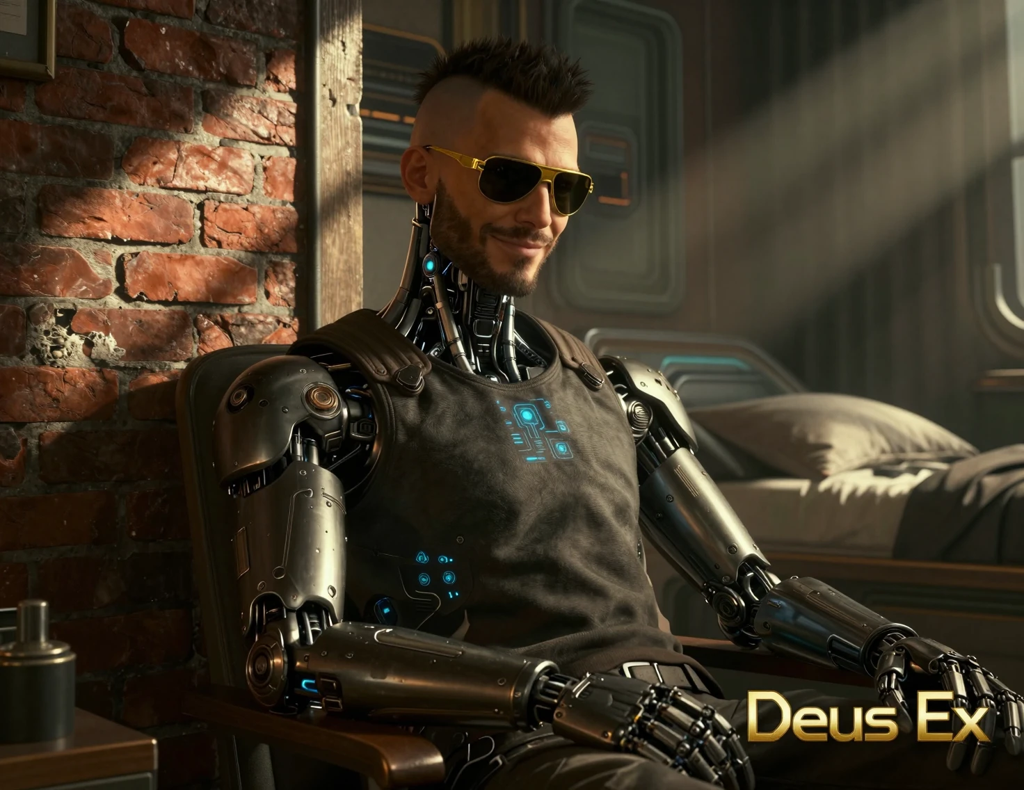 Homme cybernétique se reposant dans une chambre de science-fiction baignée de soleil