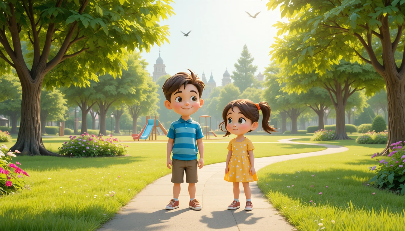 Two children standing together in a sunny park playground