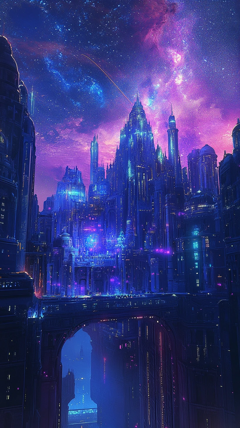 Surrealer Neonpalast, der mit einer futuristischen Stadt verschmilzt