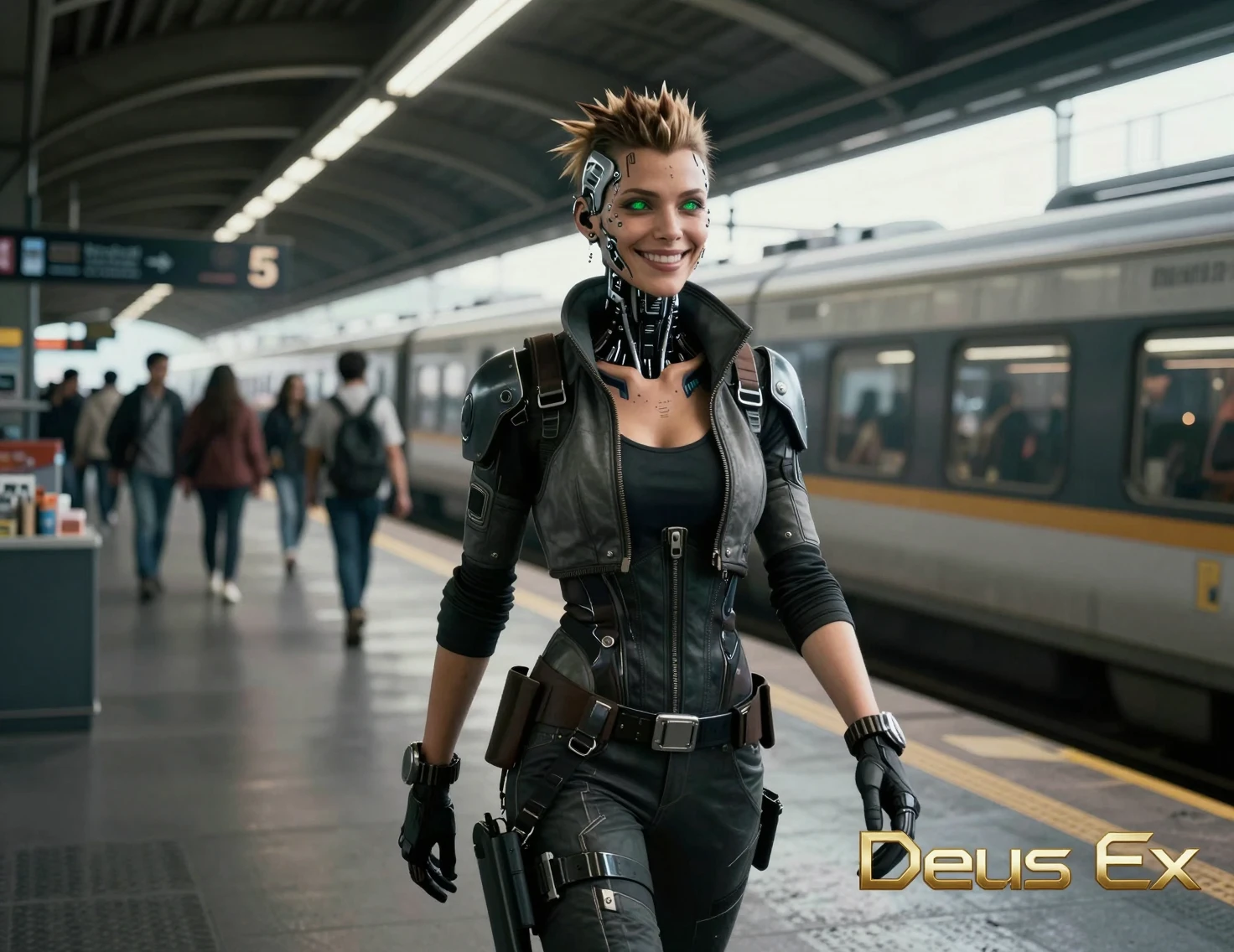 Cyborg femminile sorridente che cammina in una stazione ferroviaria futuristica