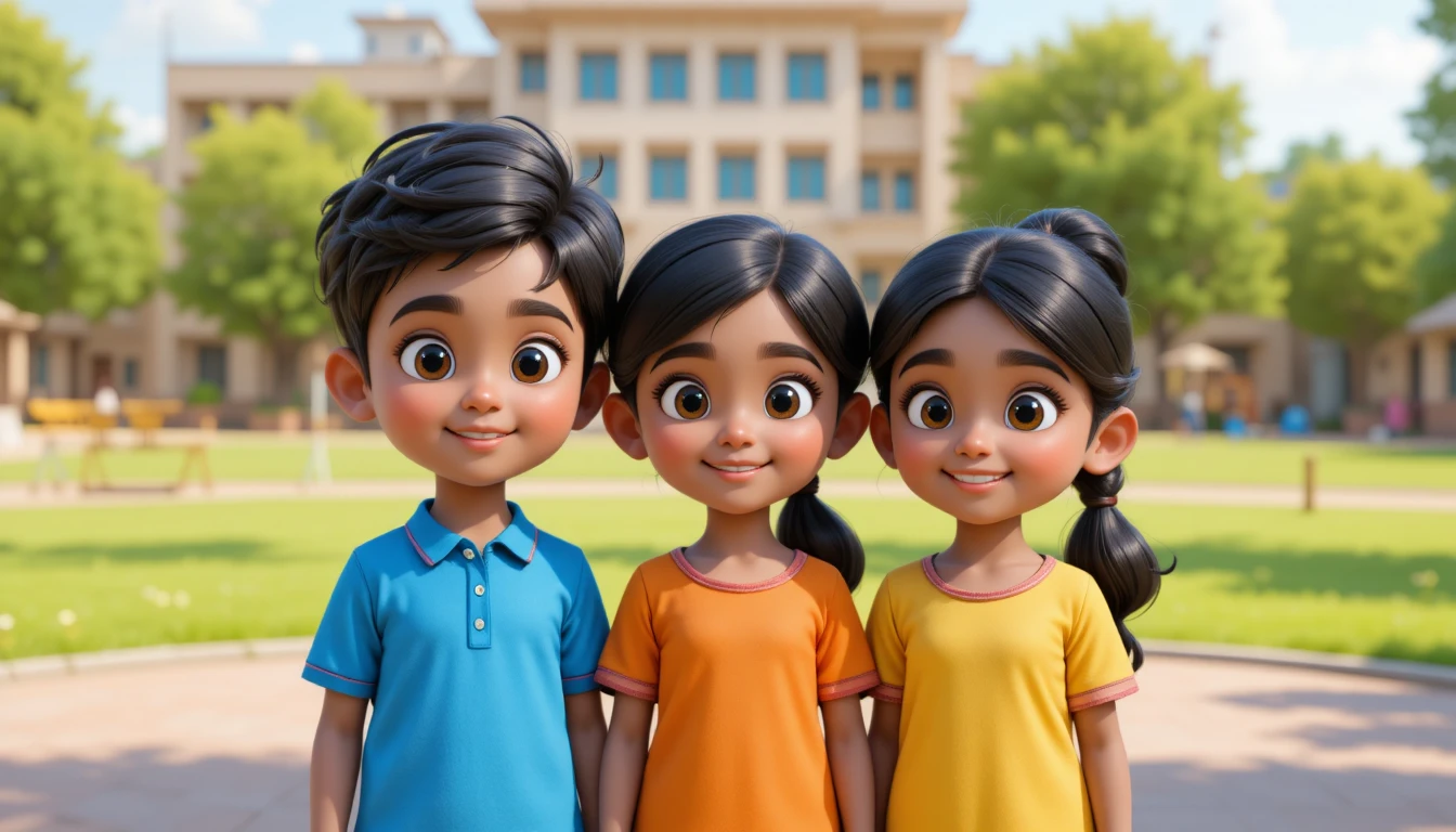 Três crianças indianas em 3D em pé juntas no pátio da escola