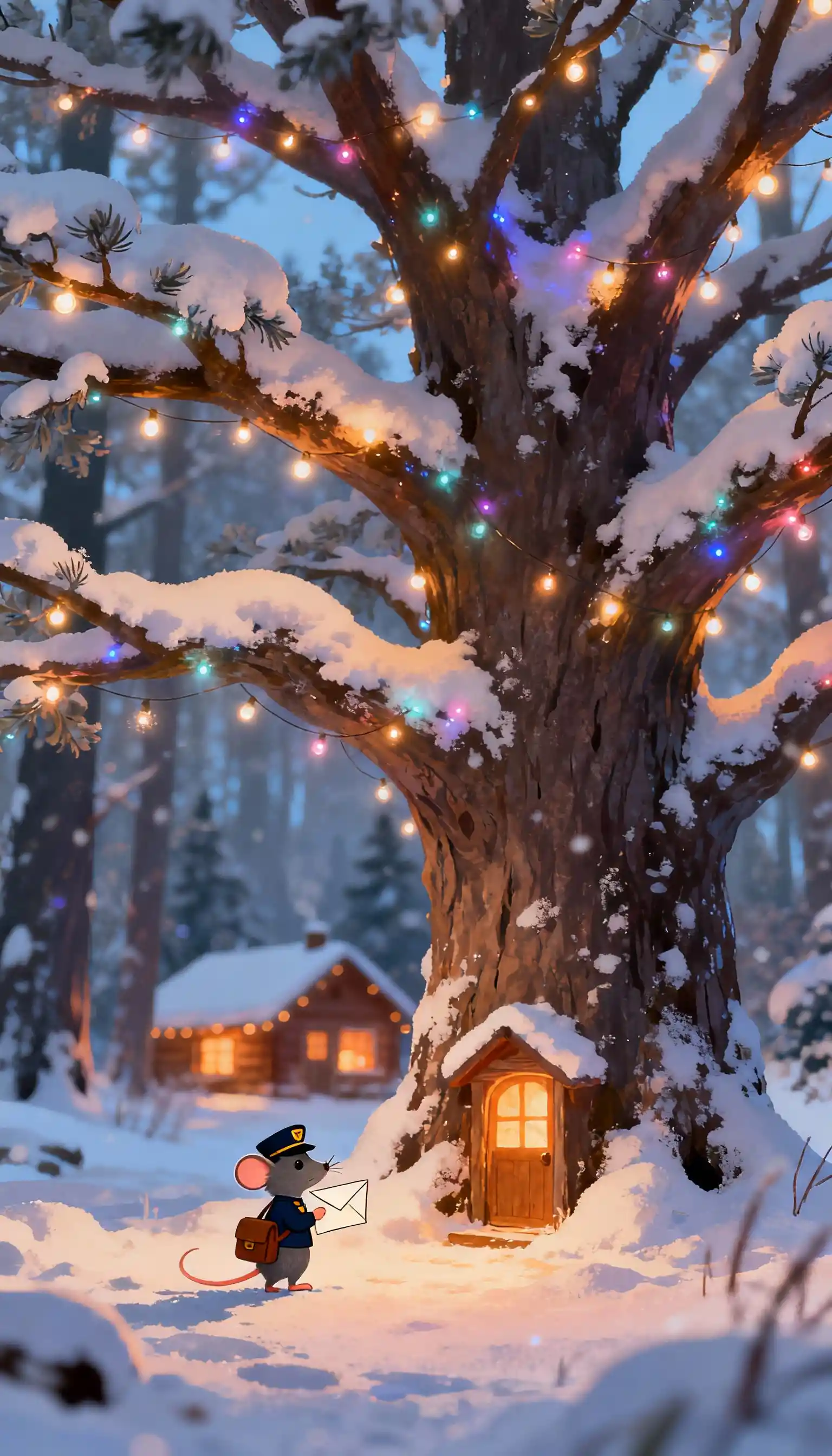 Topolino postino che consegna una lettera sotto un albero invernale luminoso