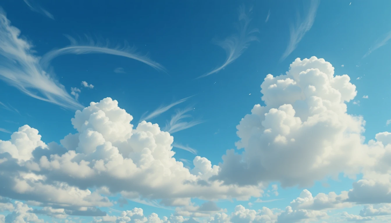 Weit geöffneter blauer Himmel mit dahintreibenden weißen Wolken