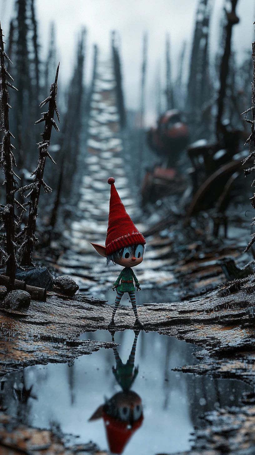 Twisted Christmas elf at the edge of a ruined North Pole